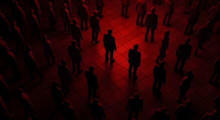 Silhouettes on red background highlight insider threat detection, suspect focus.
