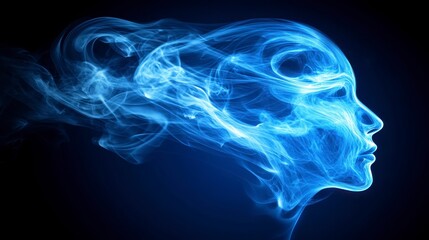 Abstract profile of a glowing blue ethereal face, wispy smoke like particles form the head and hair, dark background, digital art