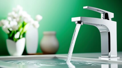 Sink faucet flowing water minimalist concept. A modern chrome faucet dispenses water into a serene bathroom setting with green walls and decorative vases, creating a fresh and inviting atmosphere.