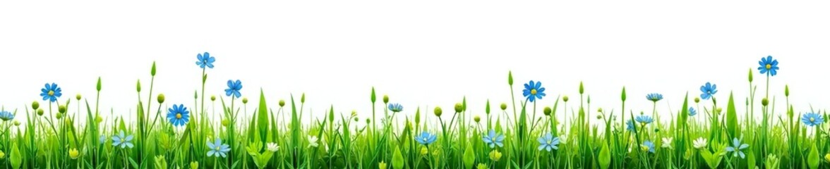 Bunch of meadow grass with separate stems and little blue flowers on white background, flowers, meadow, stems