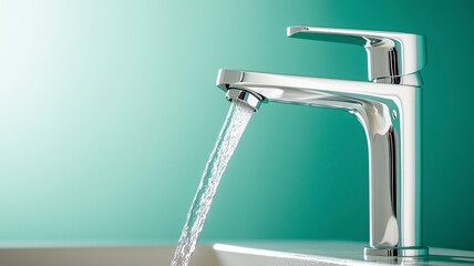 Sink faucet flowing water minimalist concept. A sleek, modern faucet with flowing water against a teal background, showcasing contemporary bathroom design and functionality.