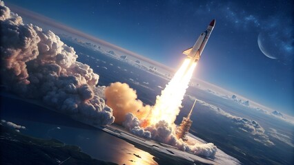 Rocket Launching into Space with Bright Flames and Clouds Below