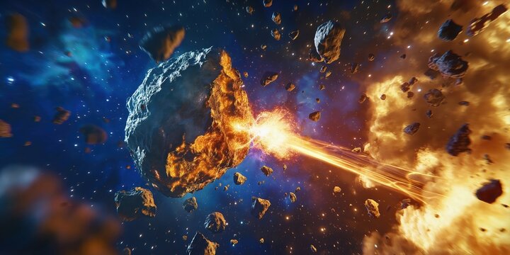 Powerful laser beam destroying asteroid threatening earth, causing a bright explosion in the deep space with rocks and stellar dust flying everywhere in a breathtaking cosmic event