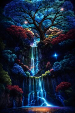 Yarn art illustration drawing of fantasy magic tree of life with waterfall and stars