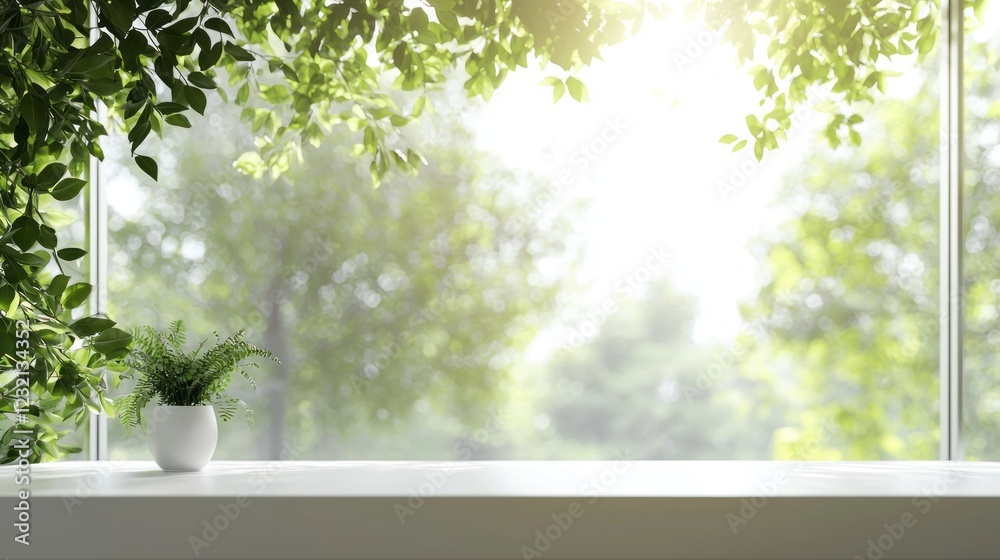 Aufkleber Sunlight streams through expansive windows, illuminating a sleek white desk adorned with a small potted plant, creating a tranquil workspace surrounded by nature
