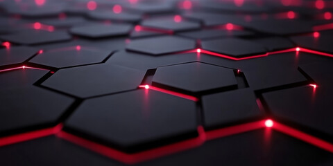 Obraz premium Matte black hexagonal metal texture with glowing red light lines, forming a bold and sophisticated grid pattern. Perfect for high-tech or luxurious visuals.