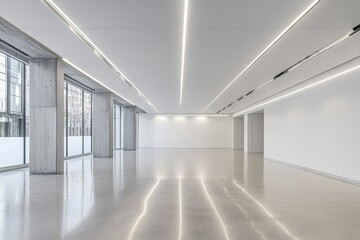Modern empty office space with polished concrete floor, large windows, and sleek linear lighting.