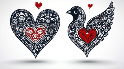 Intricate illustrations of a heart and a bird, both filled with smaller heart shapes and symbols. Dark blue and red color palette on a light gray