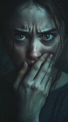 Fototapeta premium Young woman covering her mouth with hand showing fear and stress