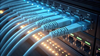 Obraz premium Modern Data Center Networking Equipment with Ethernet Cables Connected