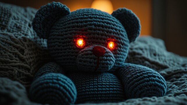 Scary crocheted teddy bear with glowing red eyes sitting on bed
