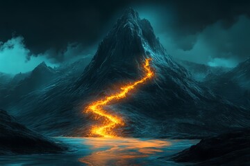 Fototapeta premium A Fiery River Of Lava Flows Down A Dark, Mysterious Mountain In A Surreal, Alien Landscape. The Scene Is Ominous Yet Captivating, A Blend Of Danger And Beauty.