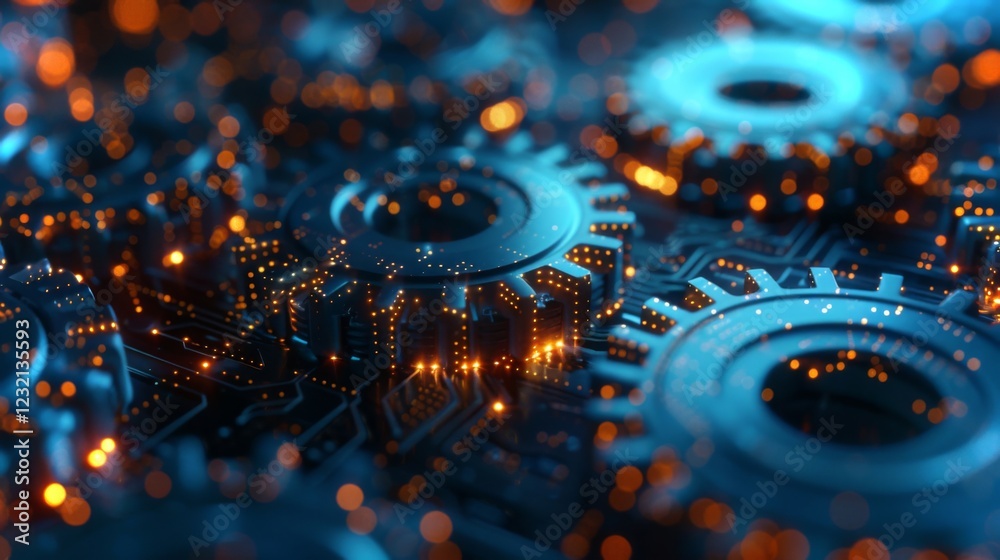 Poster Complex gears interwoven with circuit patterns are highlighted by glowing blue and orange lights, showcasing an advanced technology setting that emphasizes mechanical precision and innovation.