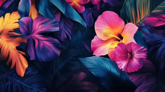 Tropical Paradise: Vivid hues of pink and yellow hibiscus flowers bloom amidst lush, vibrant green leaves, creating a mesmerizing tapestry of color and texture. The  flowers stand out.