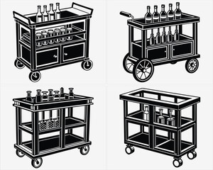 Bar Carts with Bottles Set, black and white bar cart Set © Graphics Dot