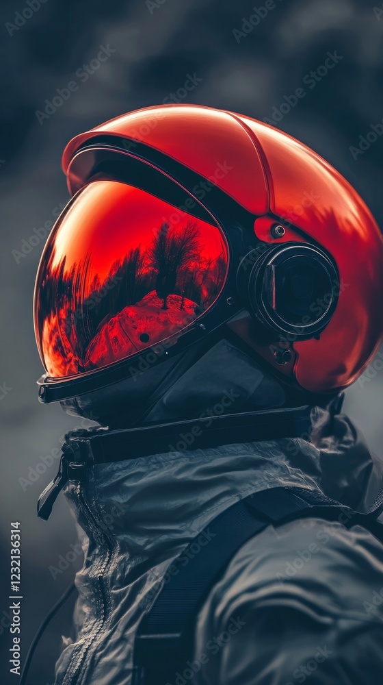 Poster astronaut wearing red helmet exploring new planet with trees reflecting in visor