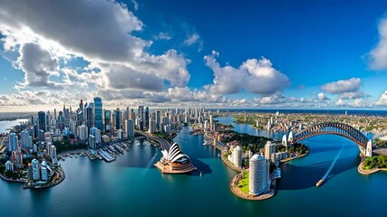 Sydney cityscape showcasing iconic landmarks and vibrant waterfront views under a clear blue sky