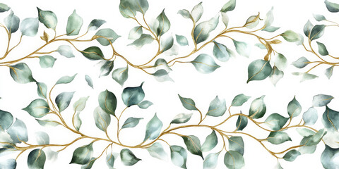 Delicate watercolor border featuring soft green leaves and golden branches, arranged in a flowing, seamless pattern. Ideal for creating beautiful wedding backdrops, greeting cards, or DIY projects.