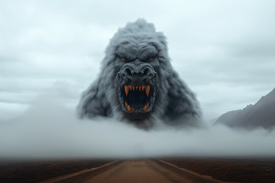 Enormous monstrous gorilla emerging from thick mist with glowing eyes and sharp teeth in a cinematic scene