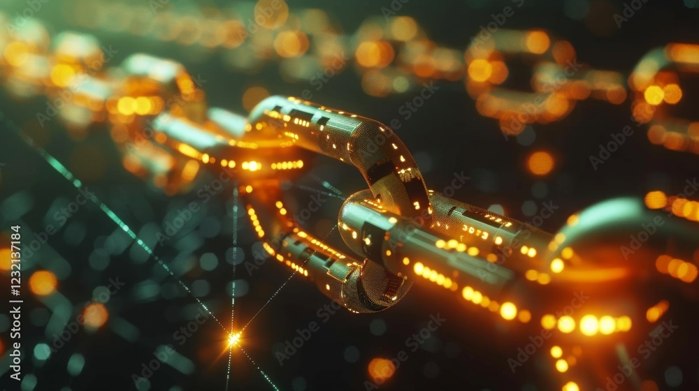 Poster A close up view of a digital chain representing blockchain technology, with glowing nodes and intricate connections set against a dark background, reflecting innovation in data security.