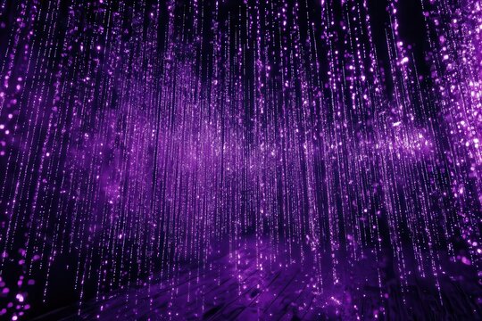 luminous purple matrix code cascading down dark background, ethereal glow, digital rain effect, cyberpunk aesthetic