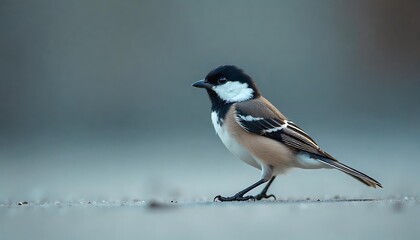 Naklejka premium Elegant Black Capped Titmouse Bird Ground Profile Soft Blue Background