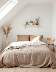 Obraz premium Ethereal Bedroom Sanctuary with Tranquil Tones and Inviting Textures