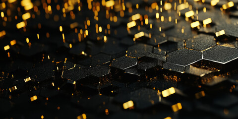Dark charcoal hexagonal grid background with bold golden light patterns enhancing its depth. A dramatic, elegant 3D texture with a sleek metallic finish, perfect for premium wedding banners or luxury