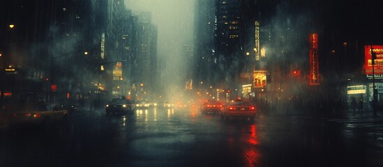 Fototapeta premium Rain-soaked city street at night with illuminated buildings and cars in motion