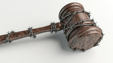 judge's gavel with barbed wire coiled around it.
