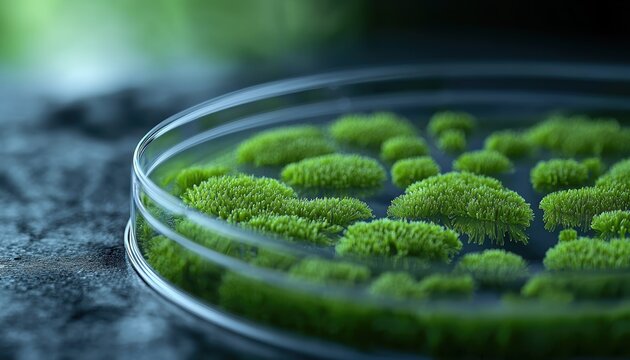 This high-fidelity close-up image showcases the intricate details of Trichoderma fungus in a petri dish, highlighting its vibrant green growth and organic structure.