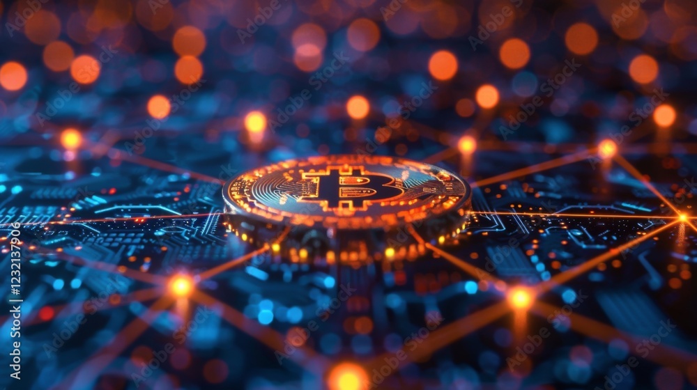 Aufkleber A detailed depiction of a Bitcoin token placed at the center of a digital network, illuminated by bright nodes and intricate circuit patterns, highlighting the technology behind cryptocurrency.