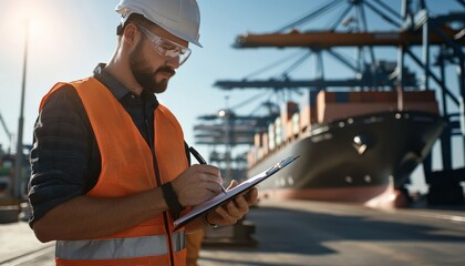 A man in a safety vest and hard hat writes on a clipboard at a busy shipping dock. The background features a cargo ship and cranes, emphasizing industry and logistics.
