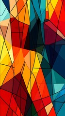 Abstract Stained Glass: Vibrant, multicolored geometric shapes interlock, creating a dynamic and energetic abstract composition reminiscent of a stained glass window.