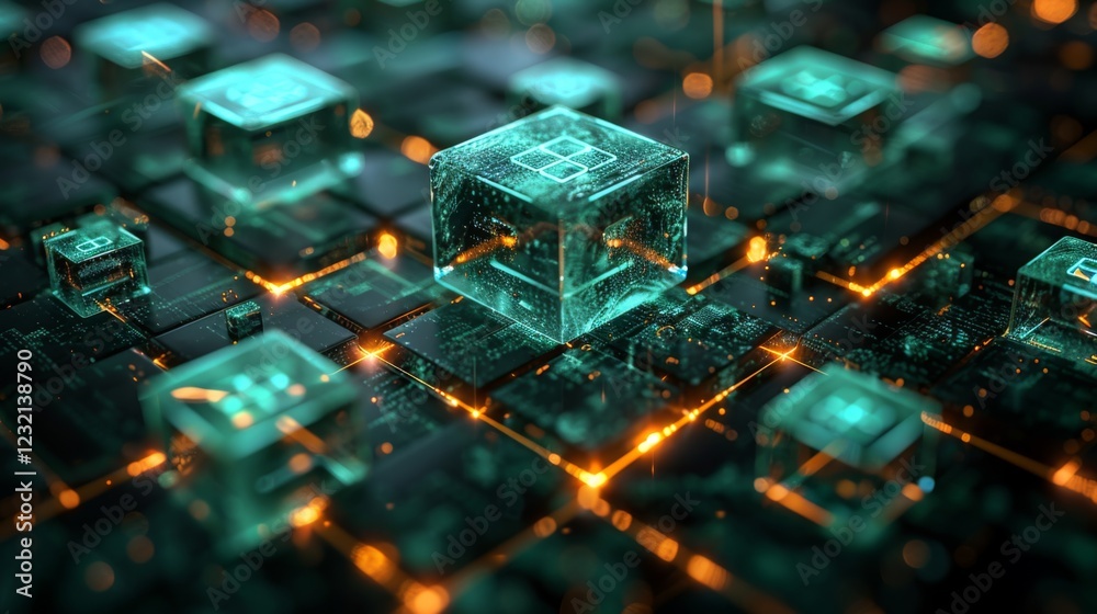Aufkleber A stunning visualization of a digital world filled with illuminated cubes interconnected by vibrant circuit patterns. This modern setting evokes a sense of advanced technology and innovation.