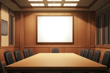 Empty conference room with large blank whiteboard on wood-paneled wall.