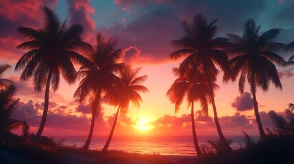 A vibrant sunset over a beach with palm trees, evoking tranquility and natural beauty.
