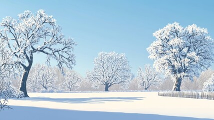 Snowy winter landscape, trees covered in frost, peaceful scene, idyllic background for winter designs