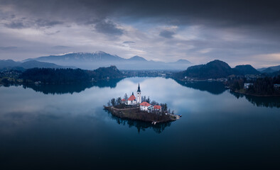 Church on the Bled lake island, aerial photo. Slovenia