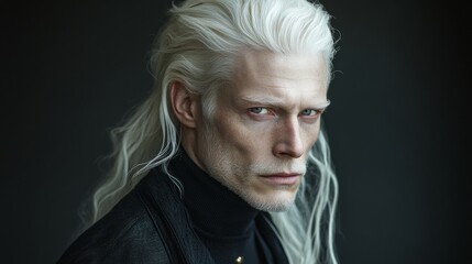 Albino man with long white hair posing in studio