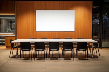 Modern conference room with large blank whiteboard and long table.