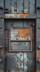 Naklejka premium Rusty Metal Door: A close-up of an aged and rusted metal door with a square panel. The textured surface showcases a medley of colors and textures.