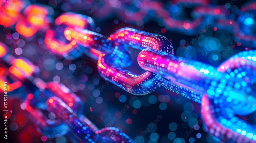Poster Brightly colored chain links glow against a blurred background, illustrating concepts of blockchain technology and digital security in a modern, abstract style.