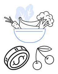 Bowl of fresh fruits and vegetables including banana, broccoli, carrot, and leaf. Cherry and dollar coin next to it. Ideal for nutrition, health, finance, diet organic food savings economic