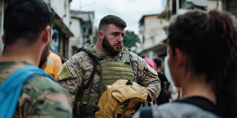 Fototapeta premium Soldier in Camouflage Uniform with Backpack in Urban Setting