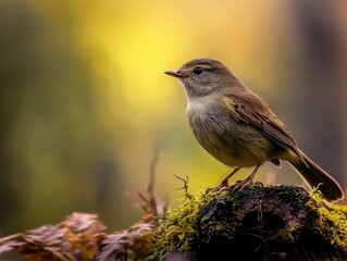 Obraz premium Small brown bird perched on a mossy log with a blurred background of yellow