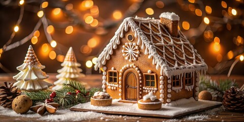 Obraz premium Gingerbread house with intricate meringue decorations, gingerbread houses, festive atmosphere