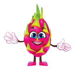 Cute dragon fruit character with open arms, welcoming and cheerful. Vector cartoon illustration