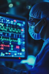 Vigilant Care A Healthcare Professional Monitoring Patient Data, Dedicated healthcare professional monitors vital patient data on high-tech screen in dimly lit environment