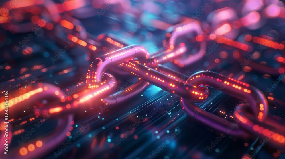 Aufkleber Brightly illuminated chains intertwine with glowing nodes on a dark background, symbolizing connections in technology and cybersecurity during a digital innovation event.